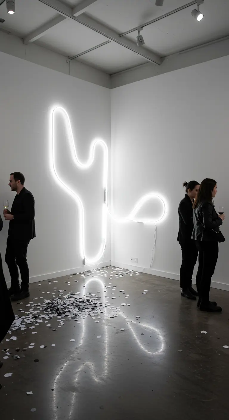 Galería de arte blanca con una gran luz de neón en forma de cactus y confeti plateado.