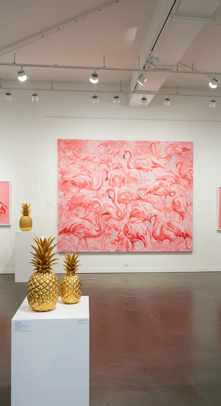 Galería de arte con un gran cuadro de flamencos rosas y piñas doradas sobre pedestales.