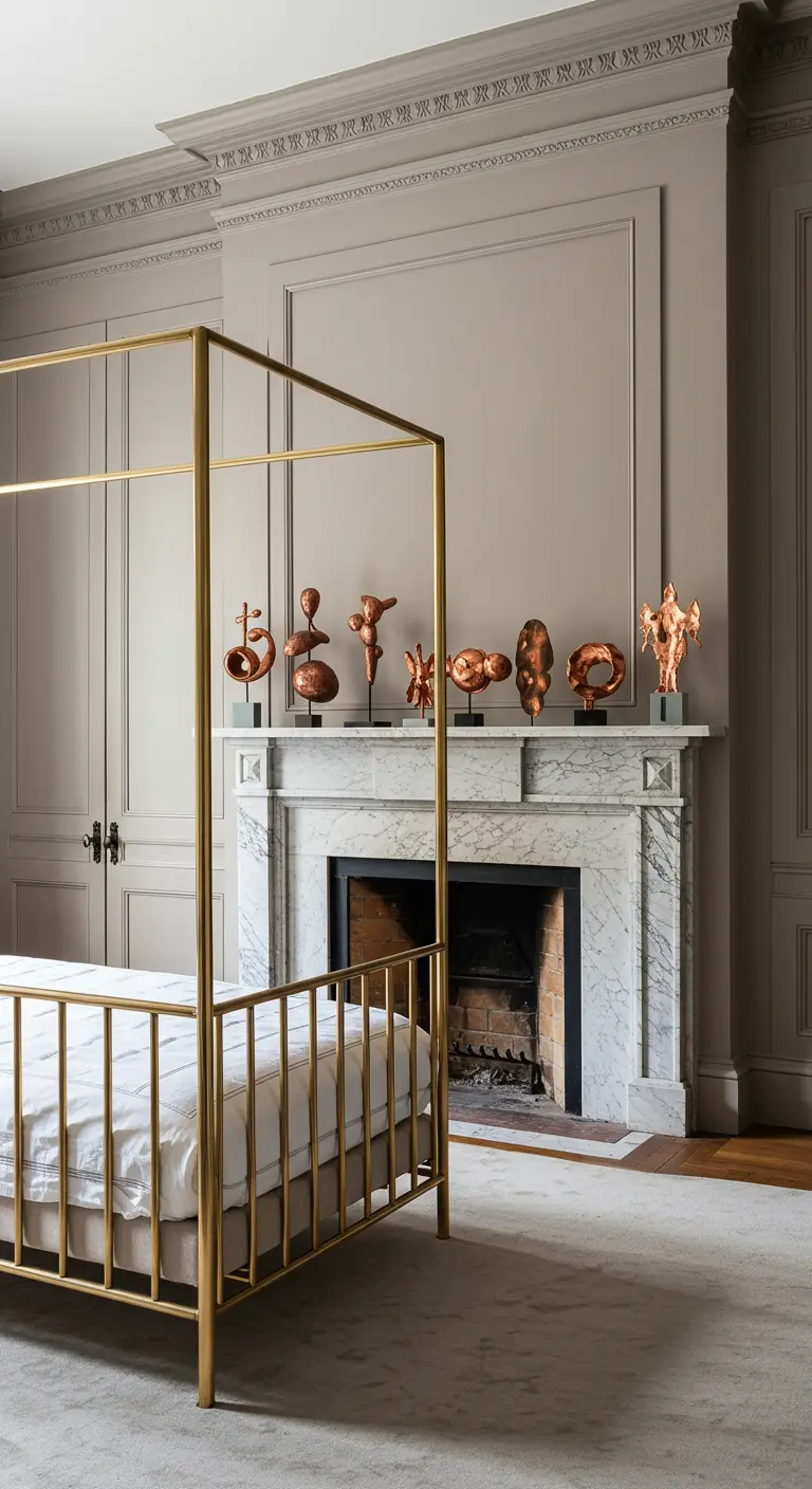 Esculturas de cobre sobre una chimenea de mármol, con una cama con dosel de latón al lado.