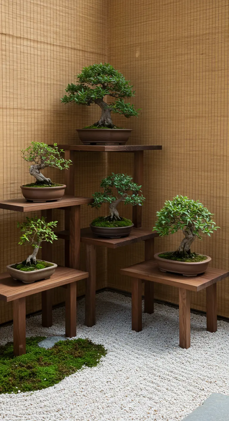 Elegante estantería de madera oscura de varios niveles con una colección de árboles bonsái.