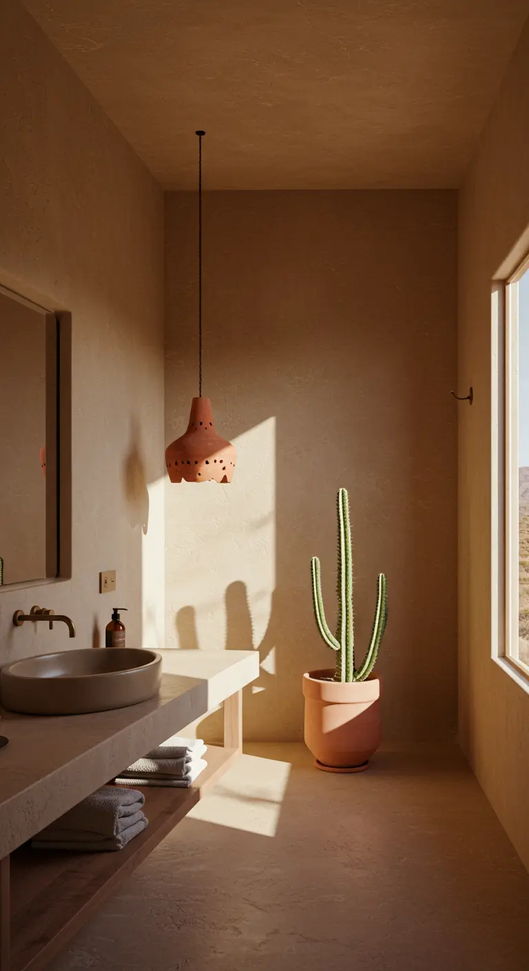 Baño de estilo desértico con una lámpara colgante de terracota y un cactus