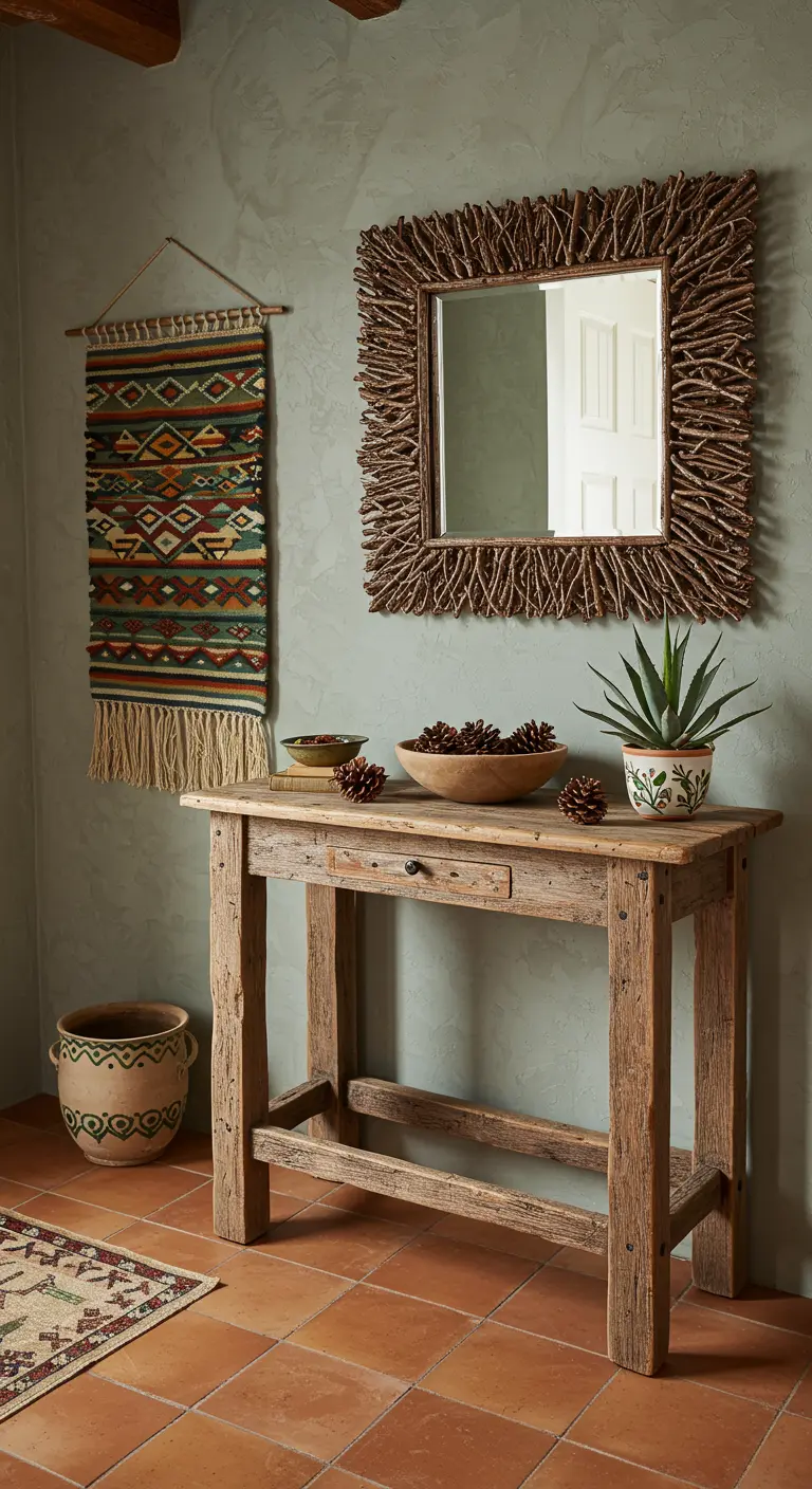 Rincón de entrada con consola de madera rústica, espejo de ramas y tapiz tejido.