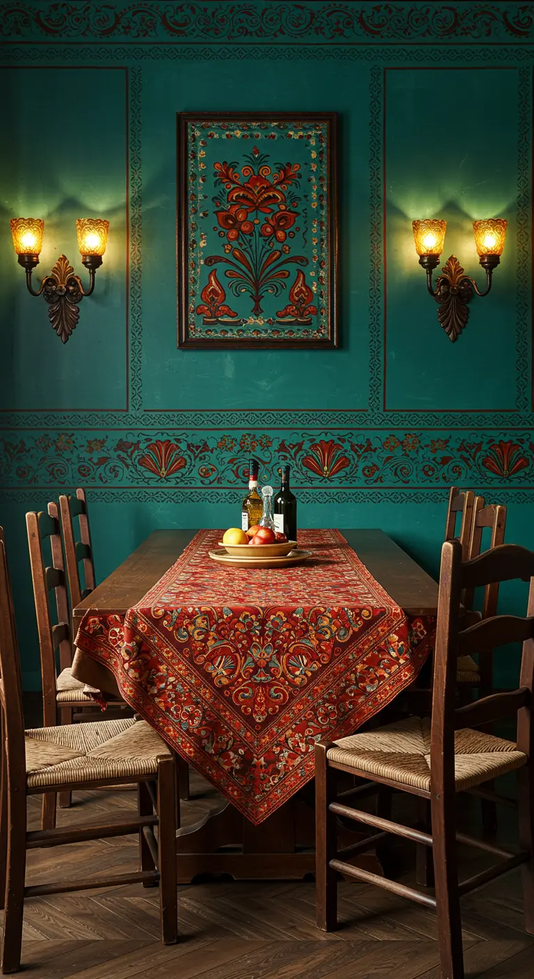 Comedor de inspiración folk con paredes turquesa, detalles pintados y un camino de mesa bordado.