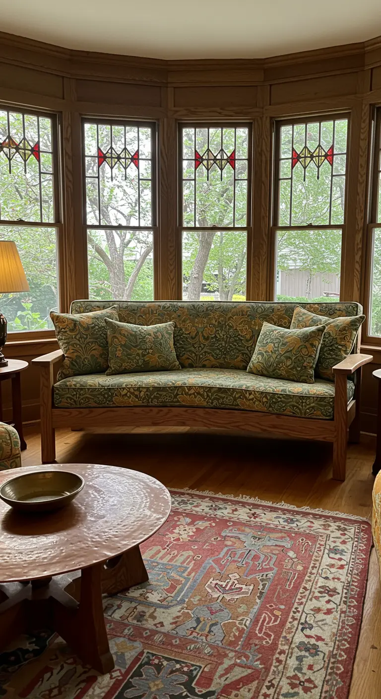 Sala con vidrieras, sofá de madera y tapicería floral.