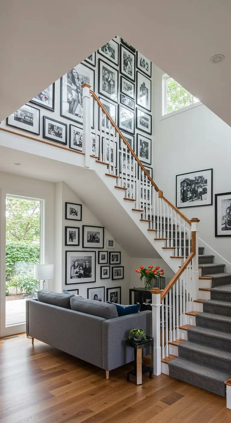 Pared de escalera con una extensa galería de fotos en blanco y negro que sigue la inclinación
