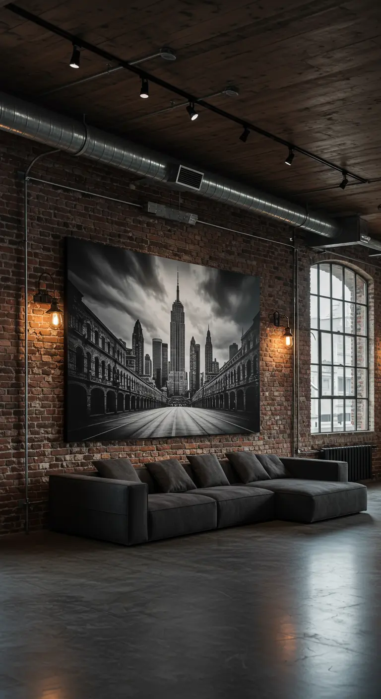 Loft industrial con un enorme cuadro en blanco y negro de una ciudad sobre un sofá seccional oscuro.
