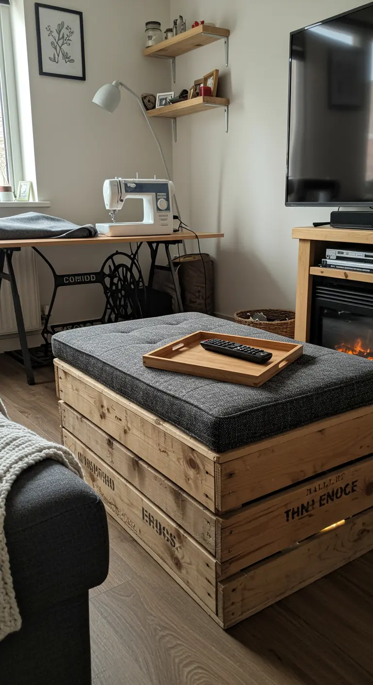 Mesa de centro hecha con cajas de madera y un cojín tapizado en tela gris oscuro.