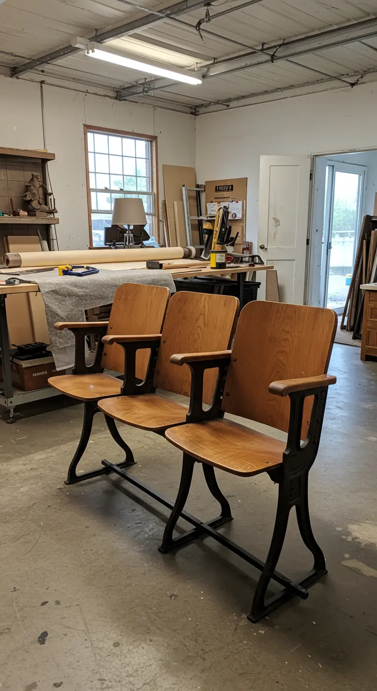 Fila de tres asientos de teatro antiguos restaurados, con estructura de metal y madera barnizada.