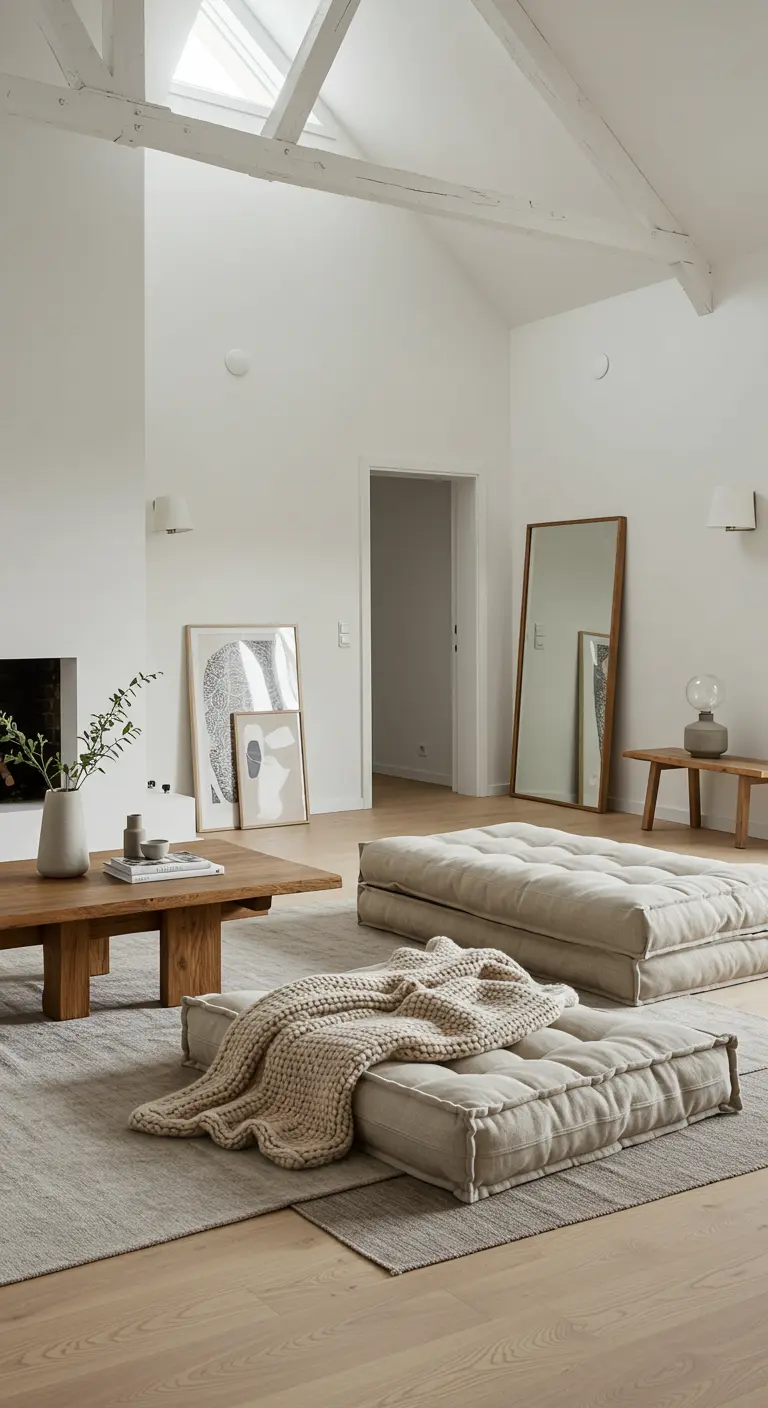 Sala de estar minimalista con cojines de suelo grandes como asientos y una manta tejida.