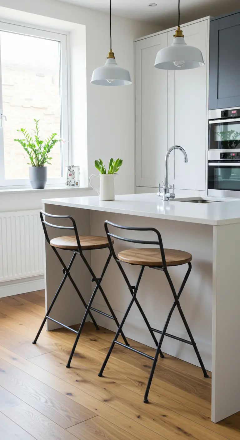 Dos taburetes plegables de estilo industrial en una isla de cocina blanca.