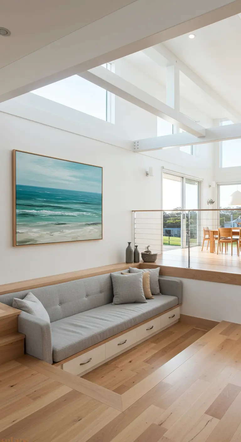 Banco de obra con cojines grises en una sala de estar con un gran cuadro del océano.