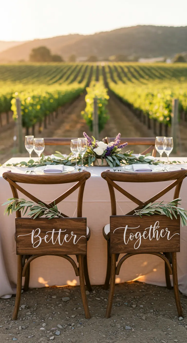 Sillas de novios con letreros de madera 