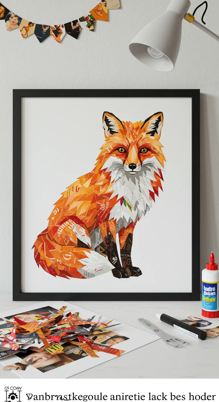 Collage de un zorro sentado, hecho con recortes de revista en tonos naranjas y enmarcado en negro.