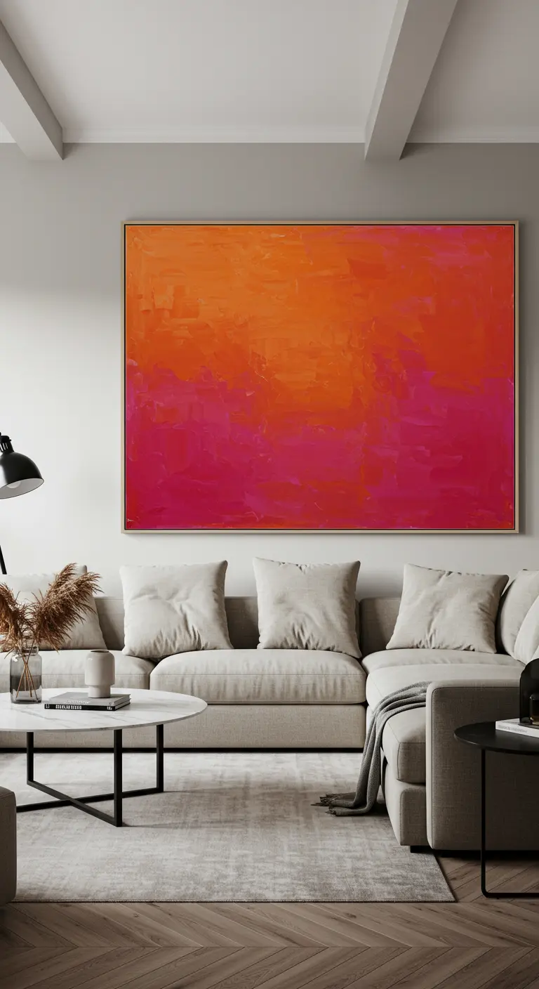 Salón moderno con un gran cuadro abstracto en tonos naranjas y rosas sobre un sofá seccional gris.