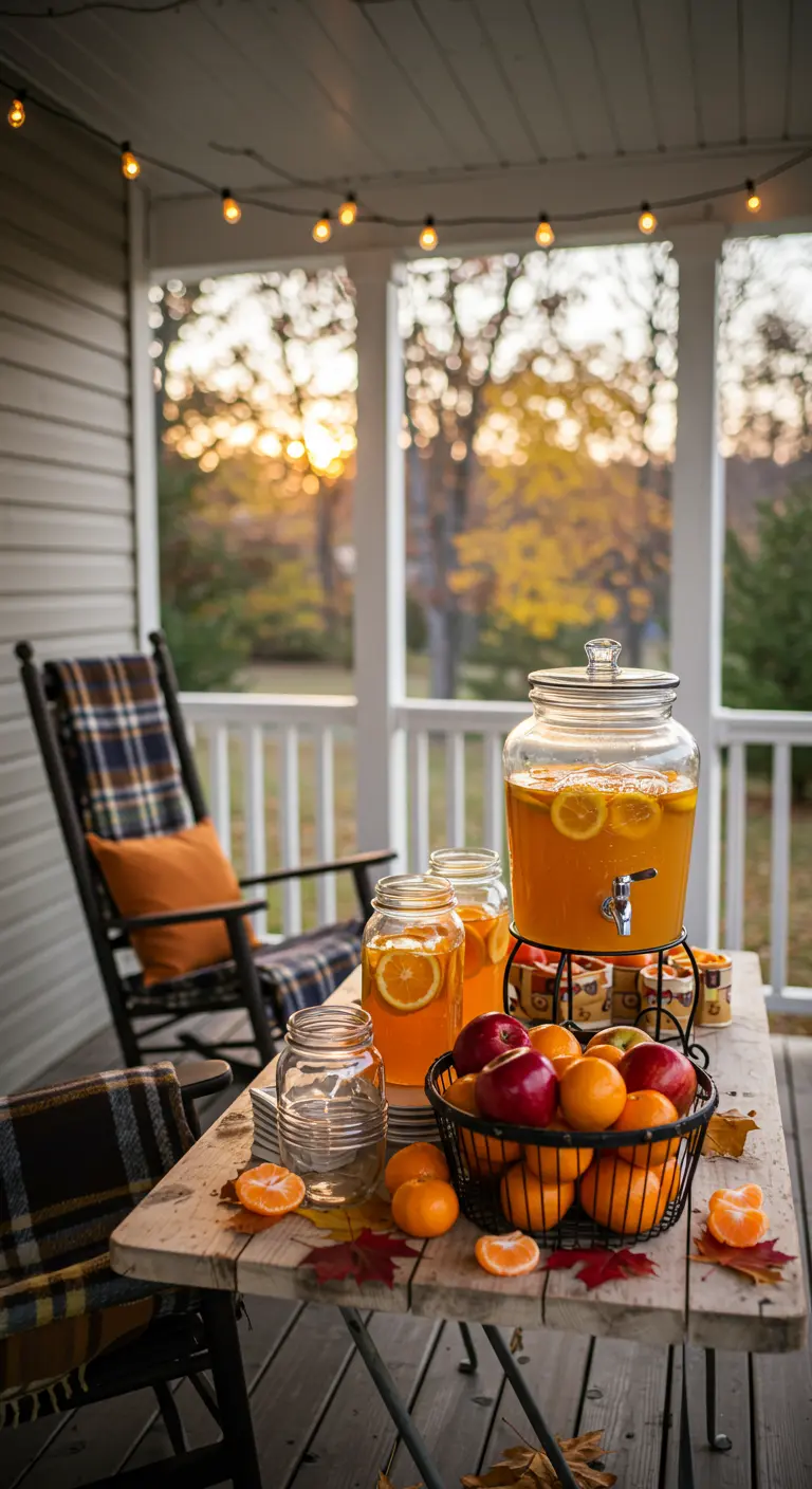 Porche acogedor con dispensador de bebida de naranja, manzanas y mantas de cuadros.