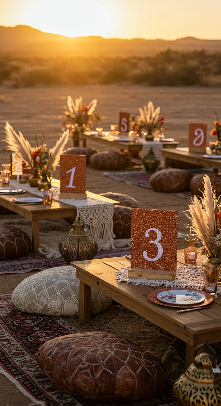 Fiesta bohemia en el desierto con mesas bajas y números de mesa de glitter color cobre.
