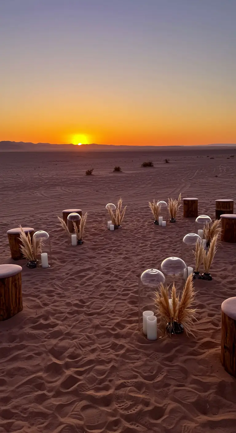 Ceremonia de boda en el desierto con velas bajo campanas de cristal y hierba de la pampa.