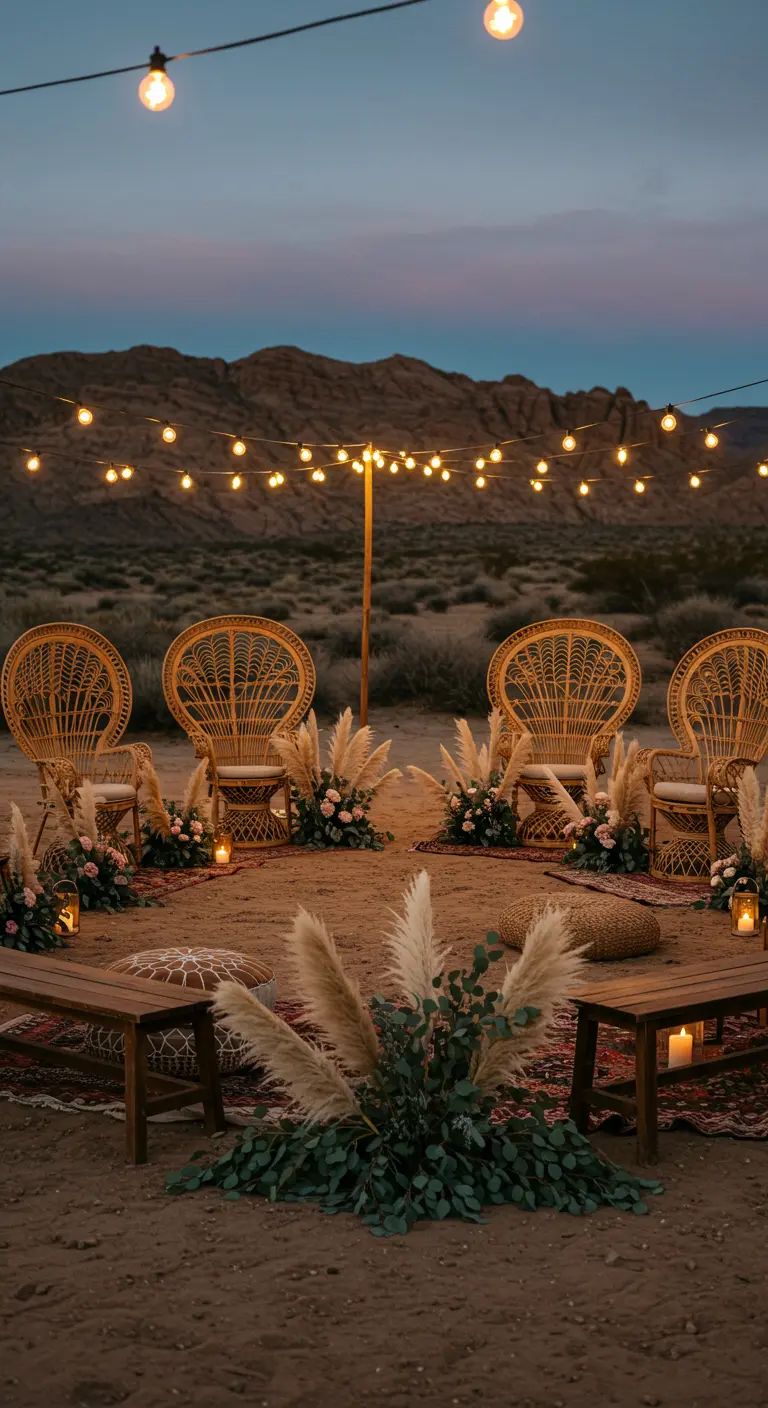 Ceremonia bohemia en el desierto con sillas de ratán, pampas, eucalipto y luces colgantes.