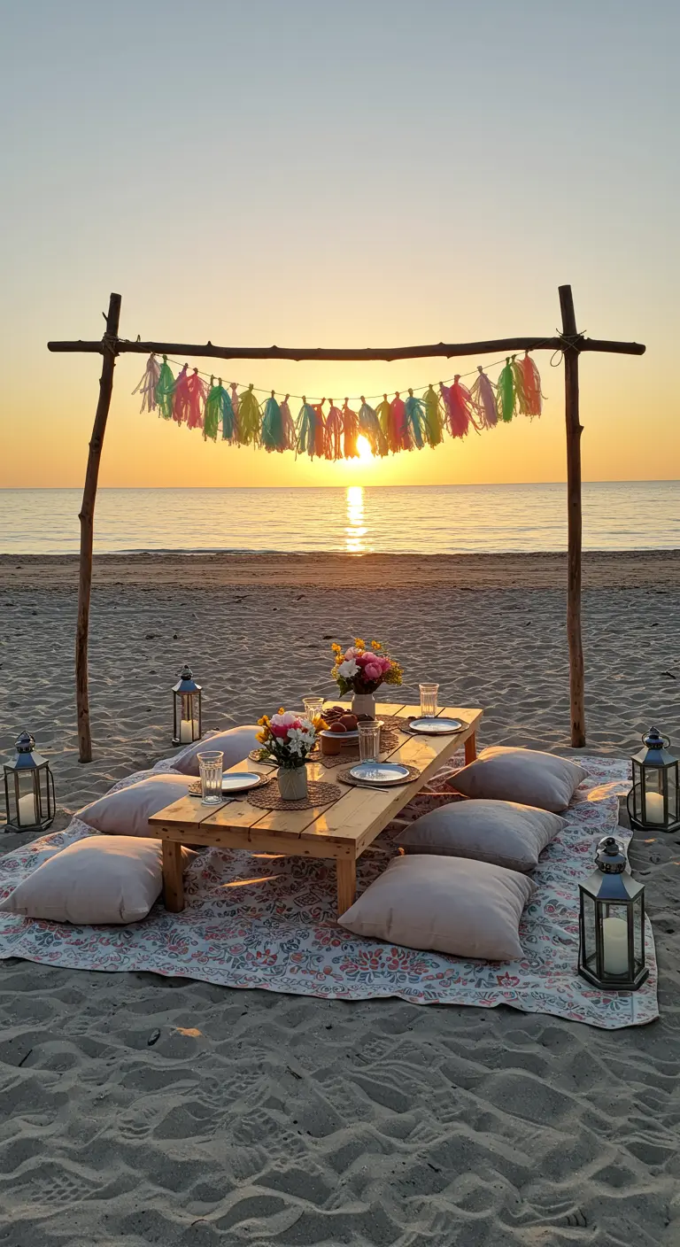Mesa de picnic baja en la playa al atardecer, con una guirnalda de borlas de colores.