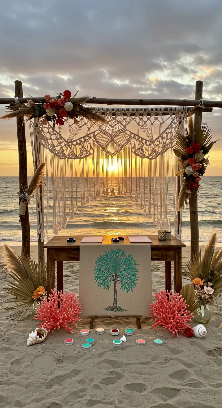 Árbol de huellas turquesa frente al mar al atardecer, con decoración de macramé y coral.