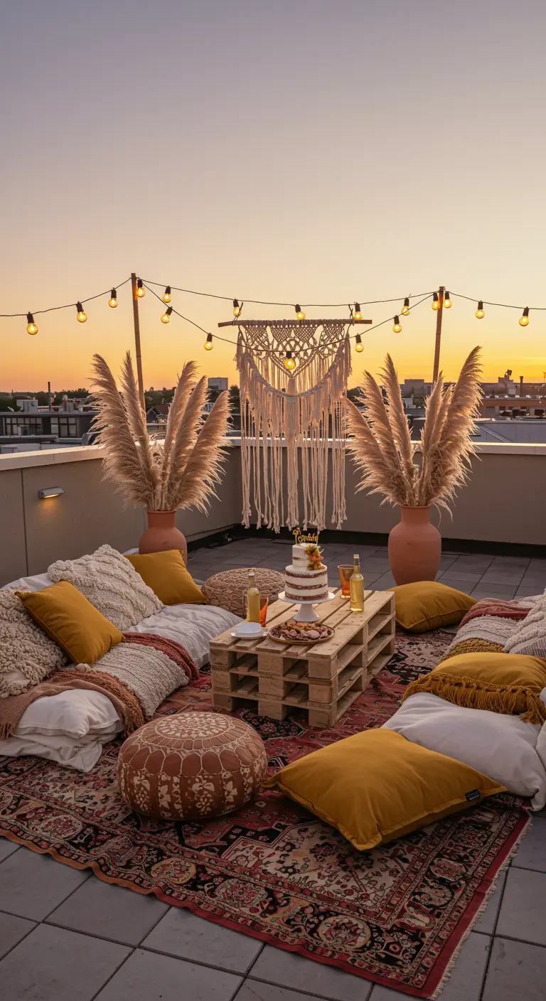 Rincón chill out bohemio en una azotea con palets, cojines y luces al atardecer.