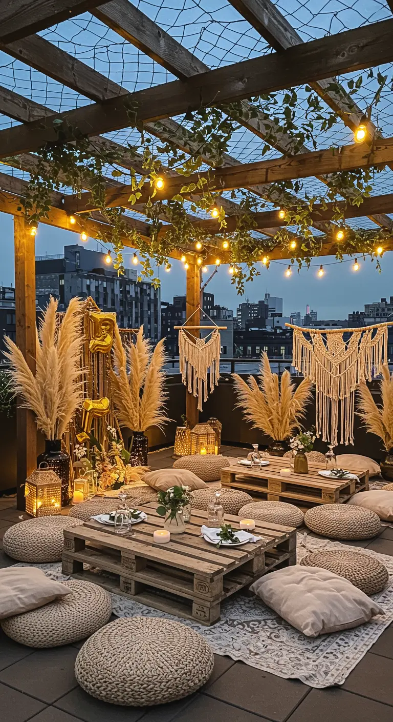 Terraza bohemia con pérgola, luces colgantes, cojines en el suelo y tapices de macramé.