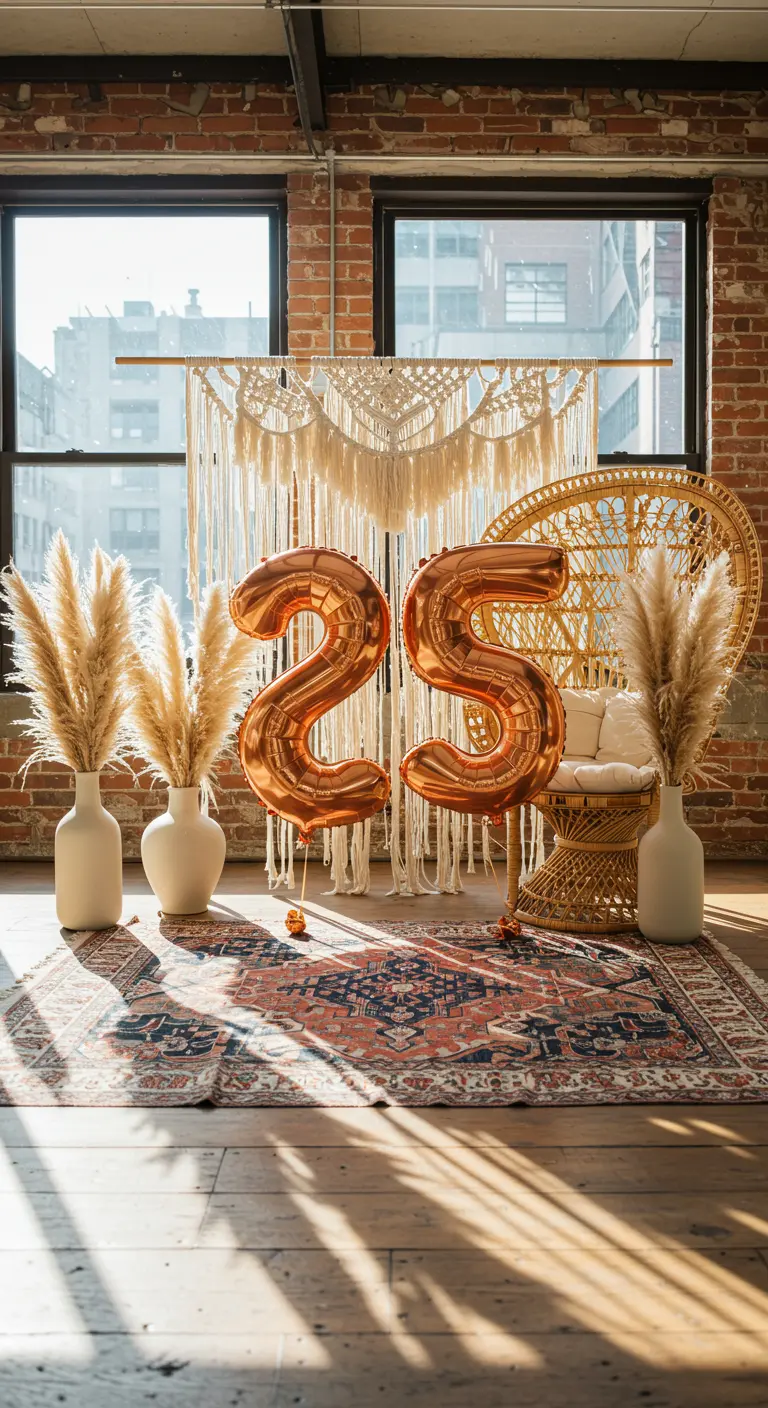 Rincón bohemio con globos del número 25 en cobre, silla de mimbre y hierba de la pampa.