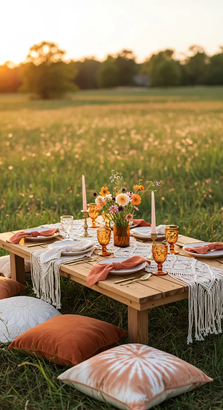 Mesa de picnic baja de estilo boho en un campo con cojines y un camino de macramé.