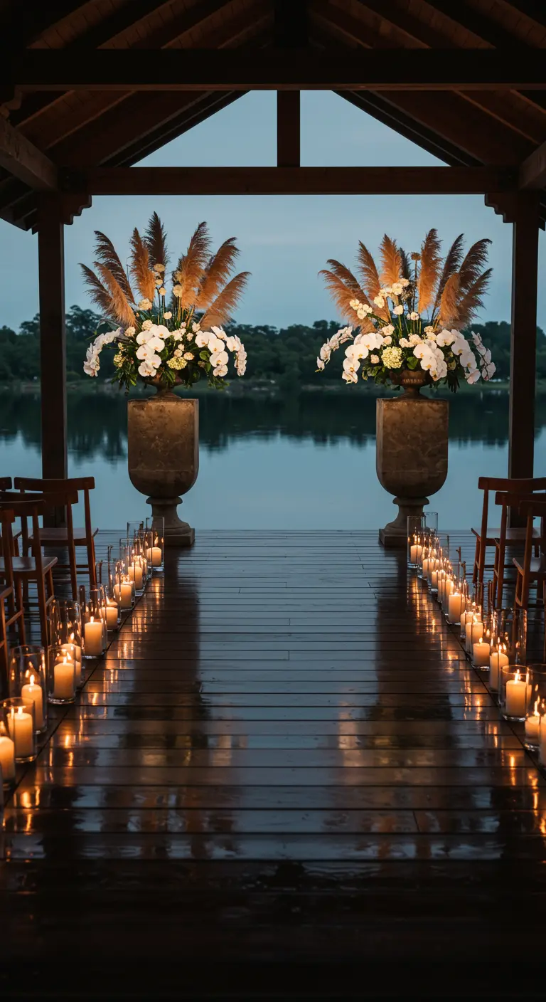 Altar de boda en un muelle con grandes arreglos de hierba de la pampa y velas.