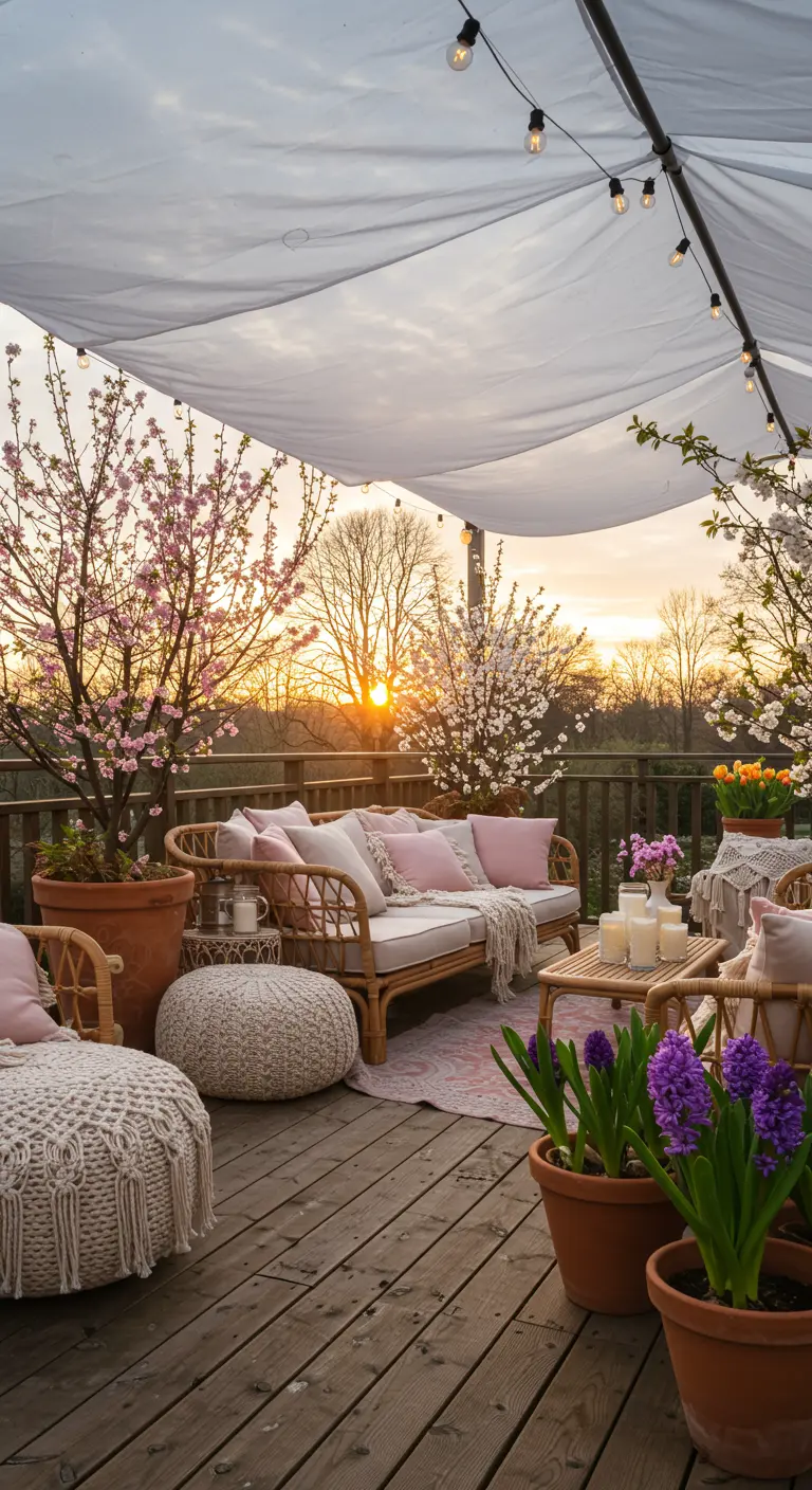 Terraza bohemia al atardecer con sofá de ratán, cojines rosas y luces de guirnalda.