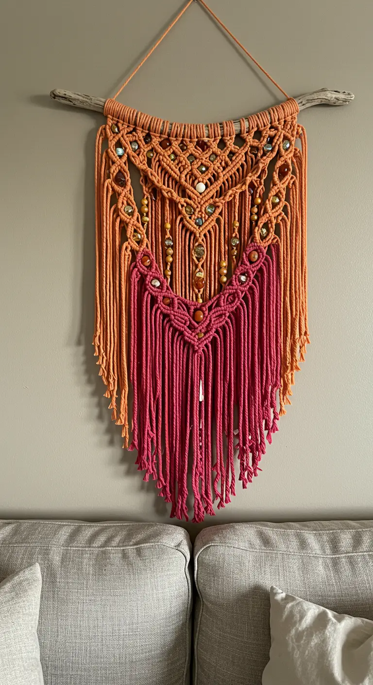 Tapiz de macramé en degradado de coral a fucsia con cuentas de cristal.