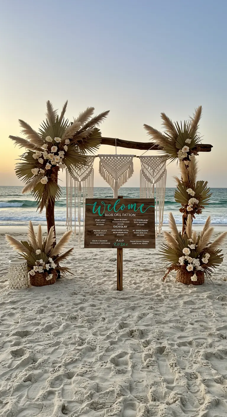Altar de bienvenida boho en la playa con macramé, pampas y un cartel de madera.