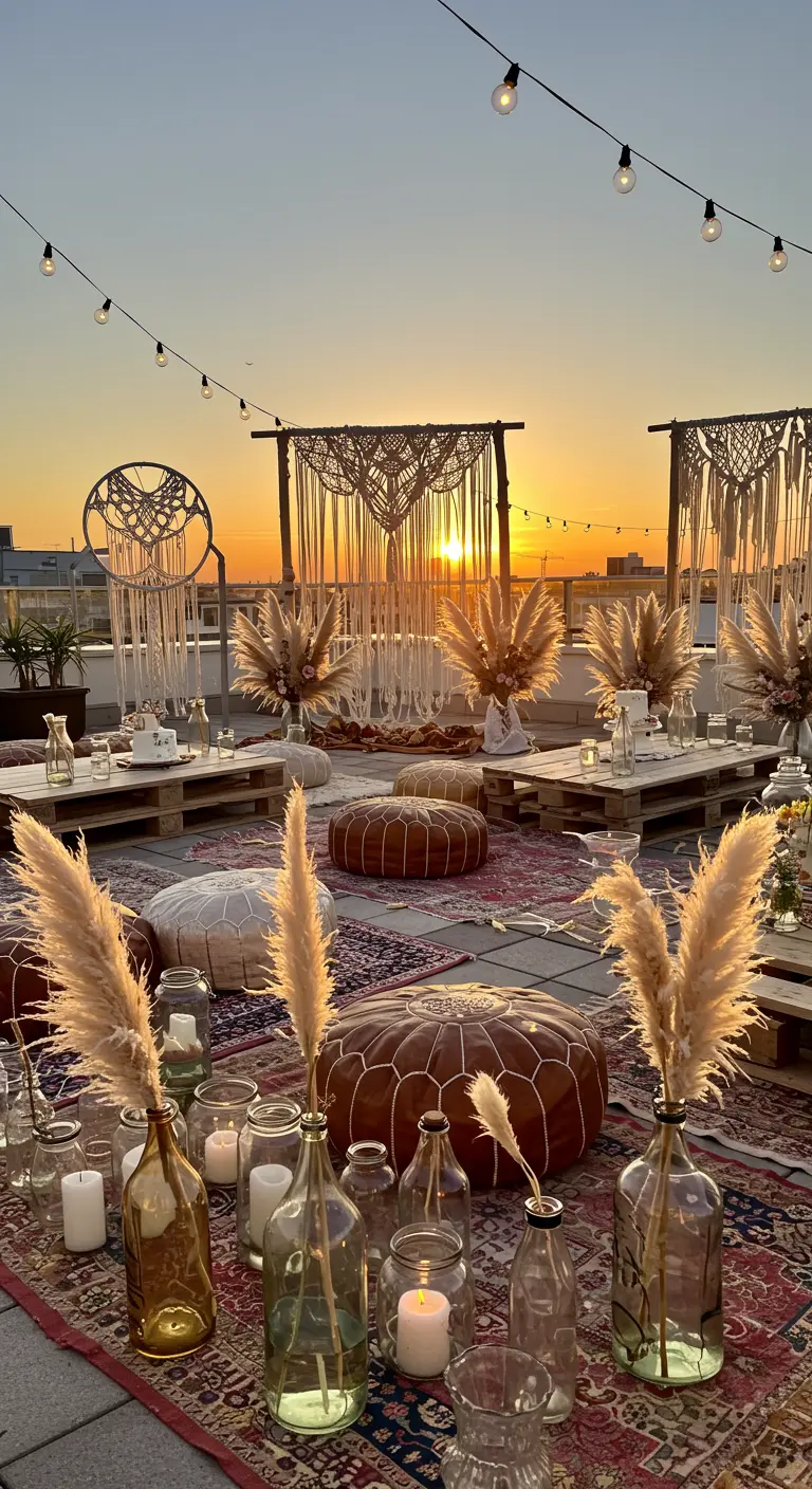 Fiesta boho en una azotea al atardecer con alfombras, poufs y velas en botellas de cristal.