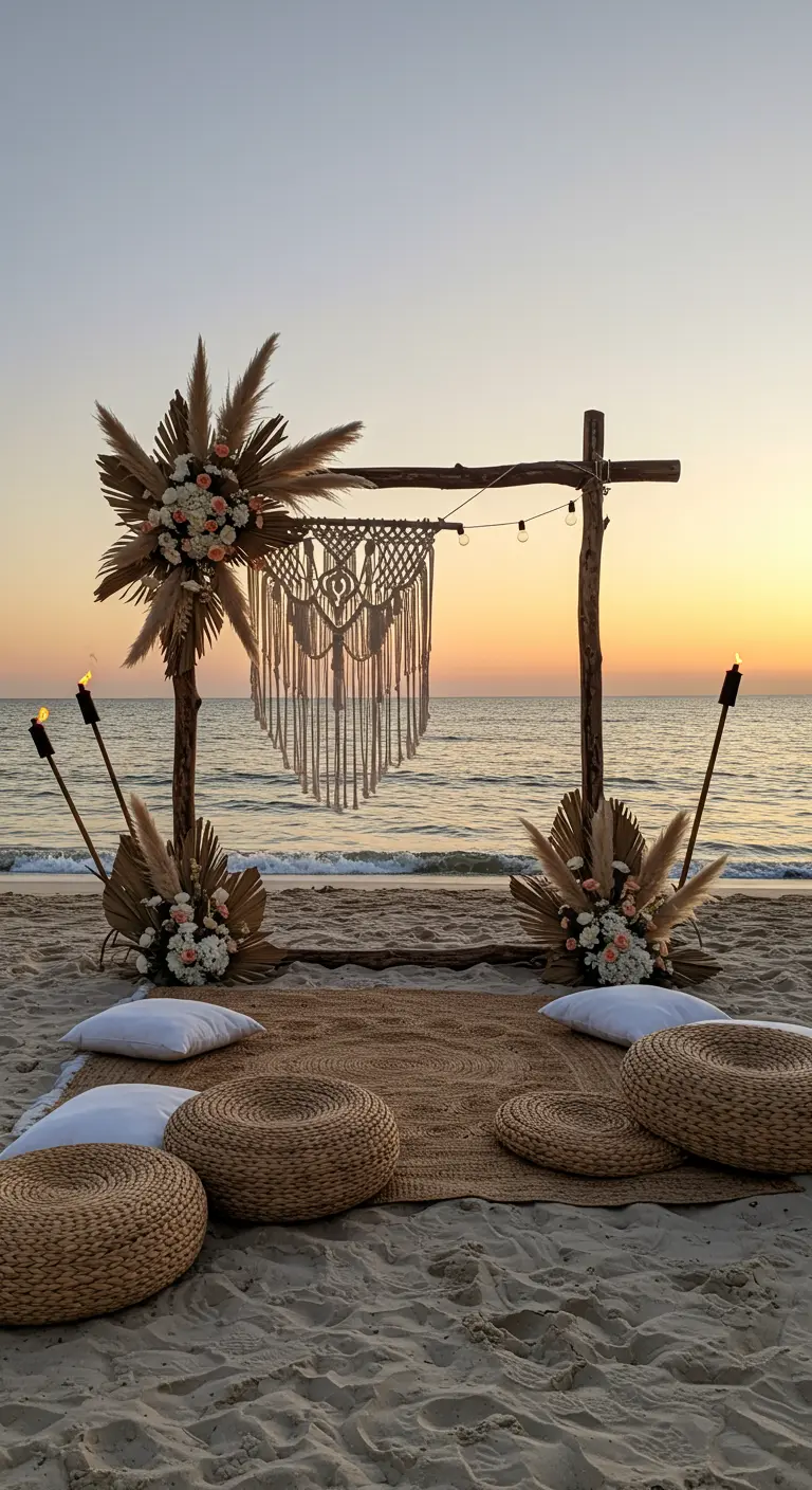 Arreglo de boda bohemio en la playa al atardecer, con un marco de madera y macramé.
