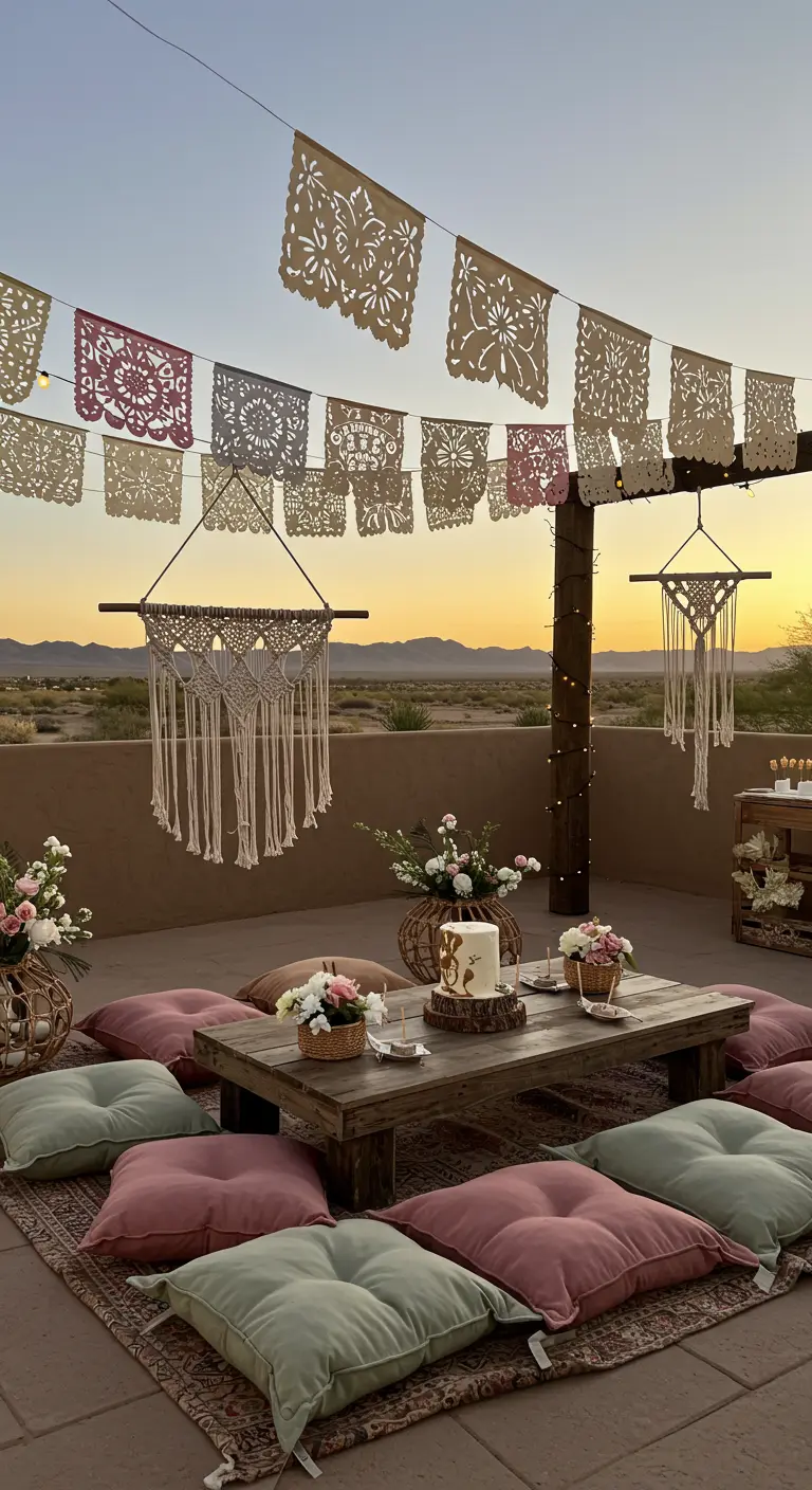 Terraza al atardecer con decoración boho, papel picado en tonos pastel y cojines en el suelo.