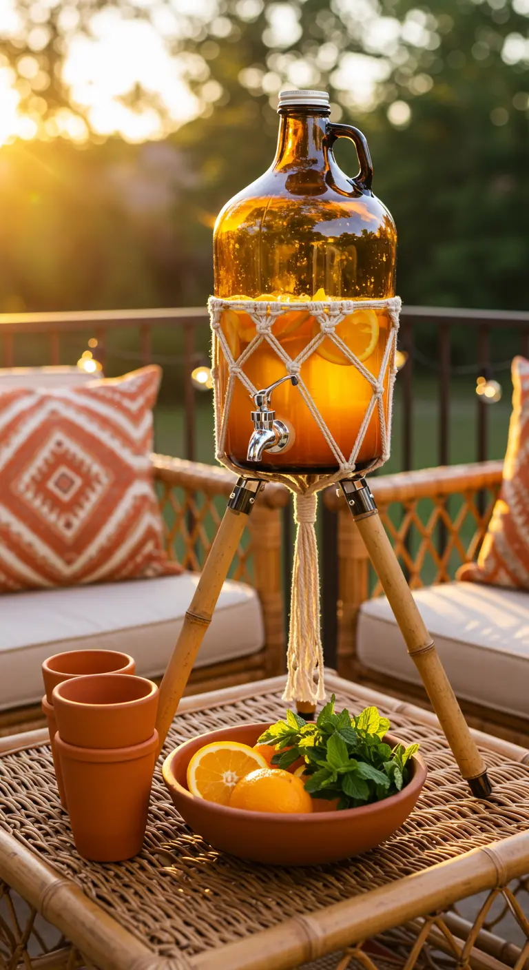 Dispensador de agua en garrafa ámbar con soporte de macramé y trípode en una terraza boho.