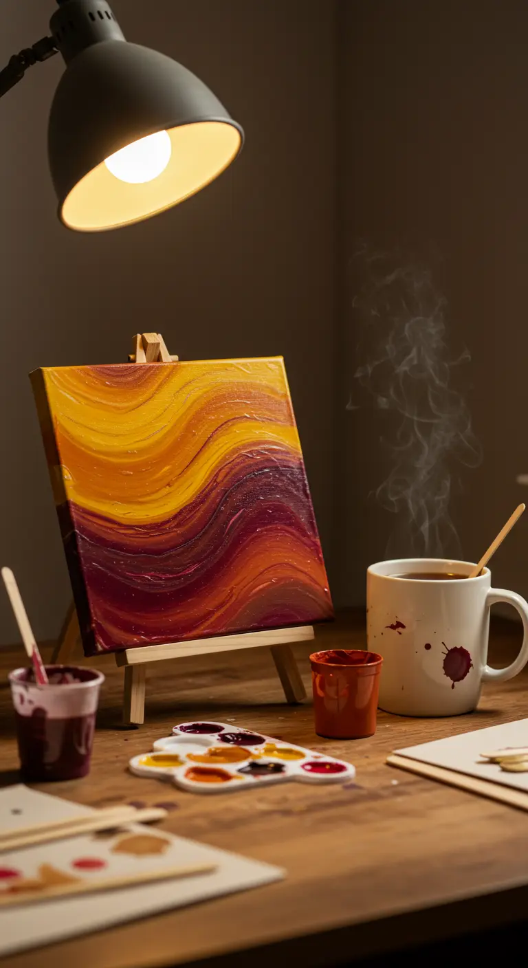 Pequeño lienzo con pintura fluida en tonos cálidos de atardecer junto a una taza de café
