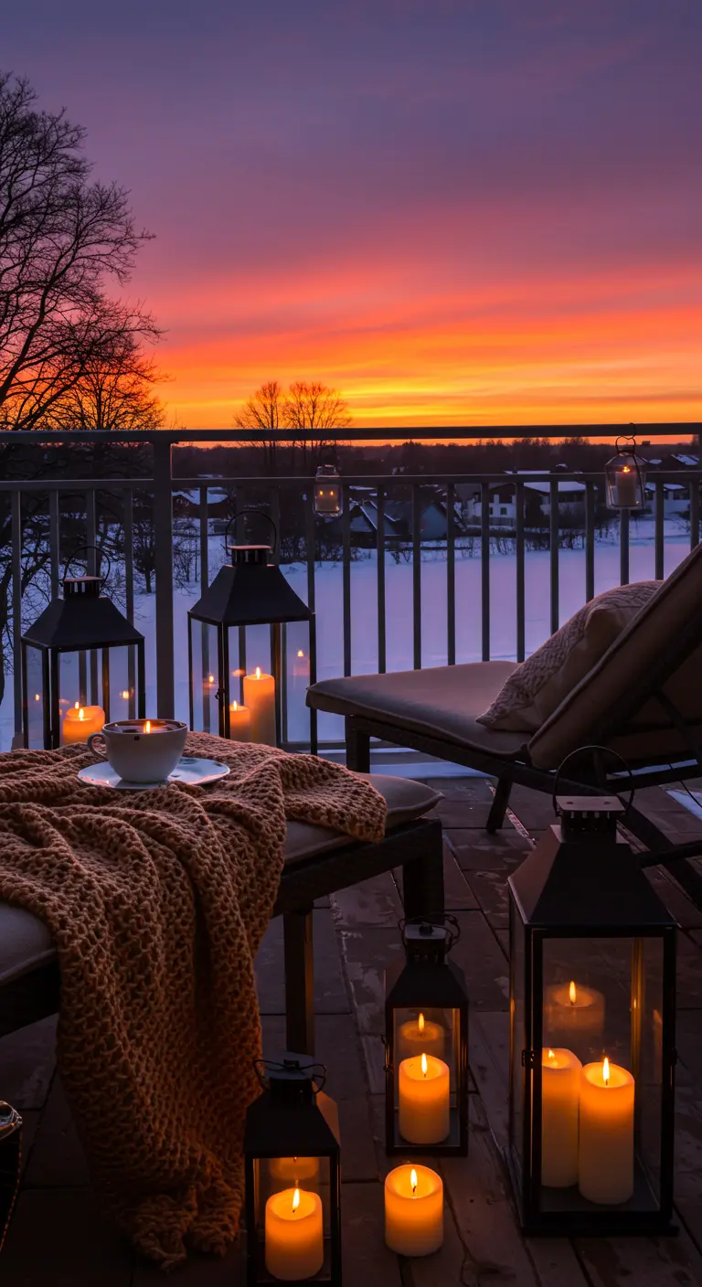 Tumbonas en un balcón con mantas, velas y vistas a un atardecer rojizo sobre un paisaje nevado.