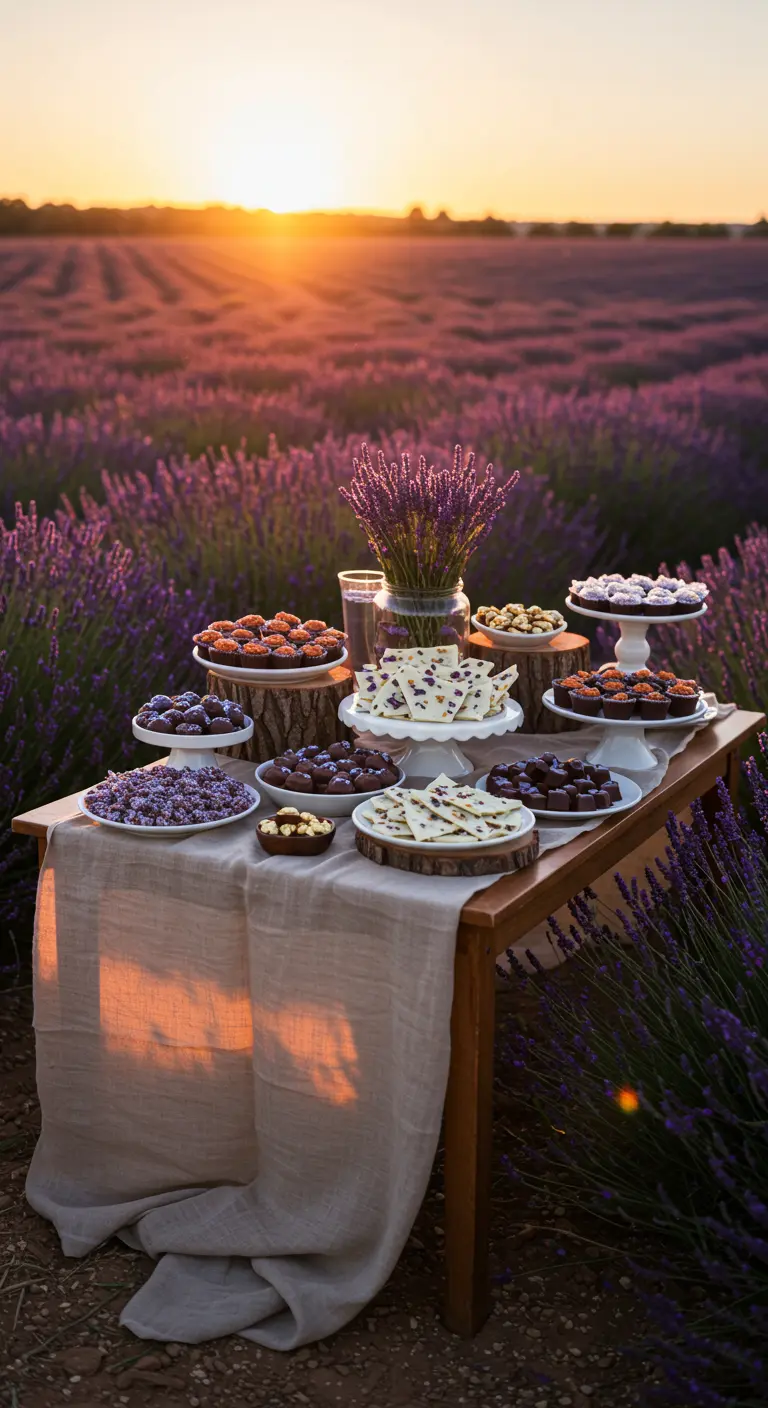 Mesa de dulces en un campo de lavanda al atardecer, con postres de chocolate.