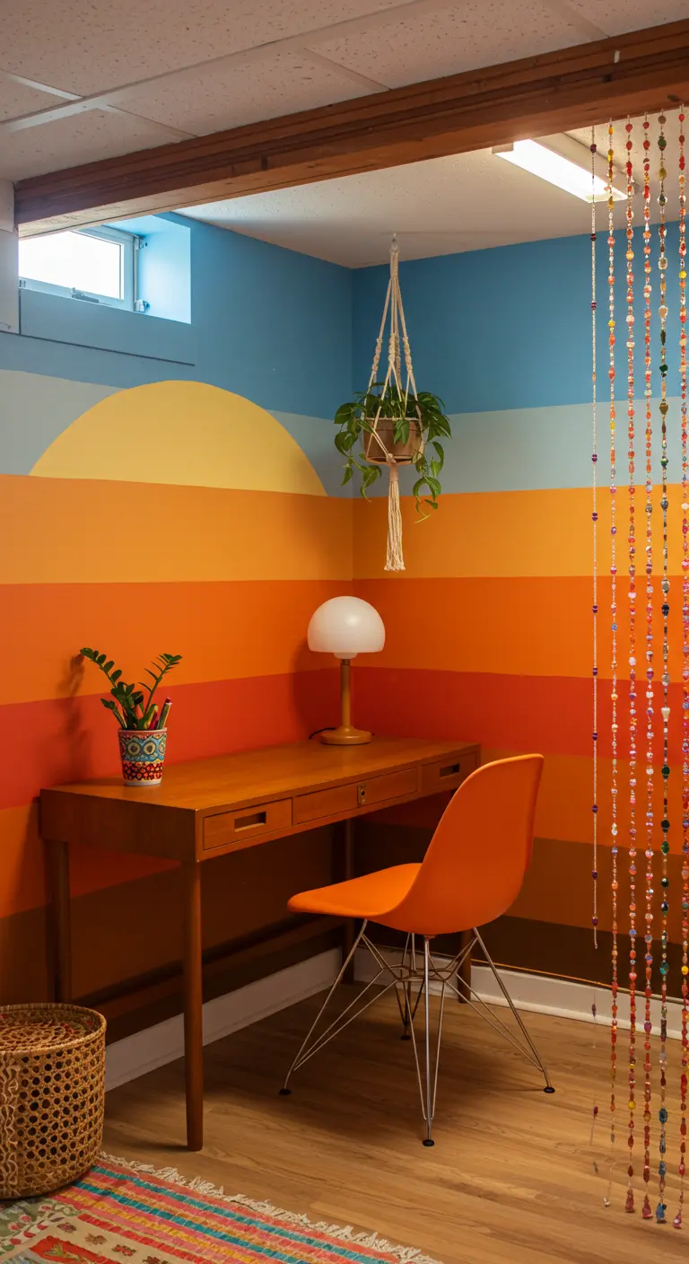 Rincón de oficina con un mural de rayas de atardecer en tonos naranjas y silla Eames naranja.