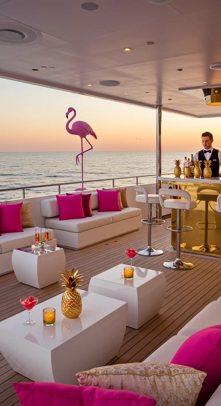Terraza de un yate al atardecer con sofás blancos, cojines fucsia y decoración dorada.