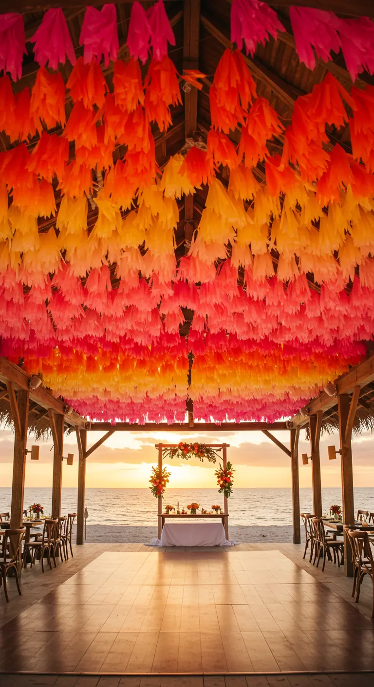 Pérgola de boda en la playa con un techo cubierto de papel de seda en tonos atardecer.