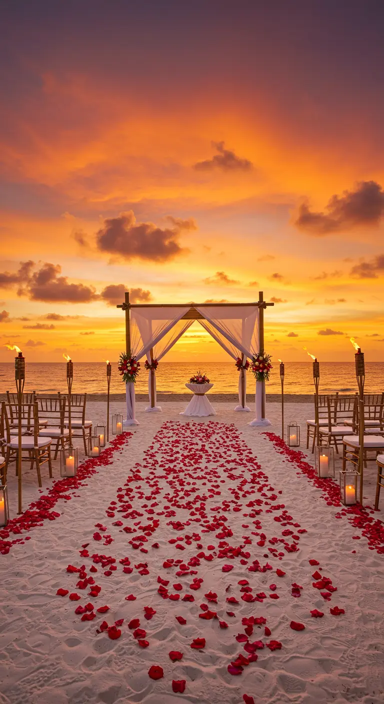 Pasillo de boda en la playa al atardecer, cubierto de pétalos rojos.