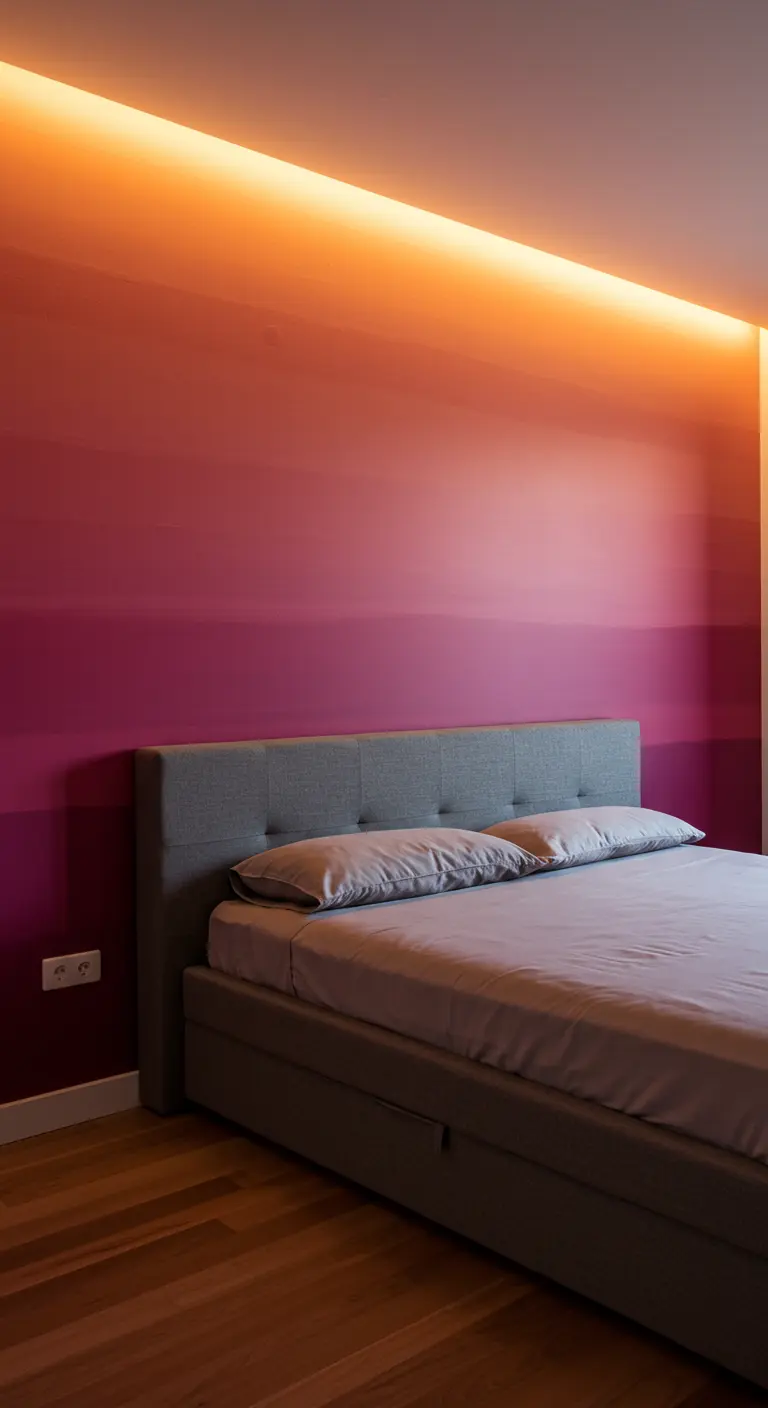 Dormitorio minimalista con una pared pintada en un degradado de fucsia a rosa.