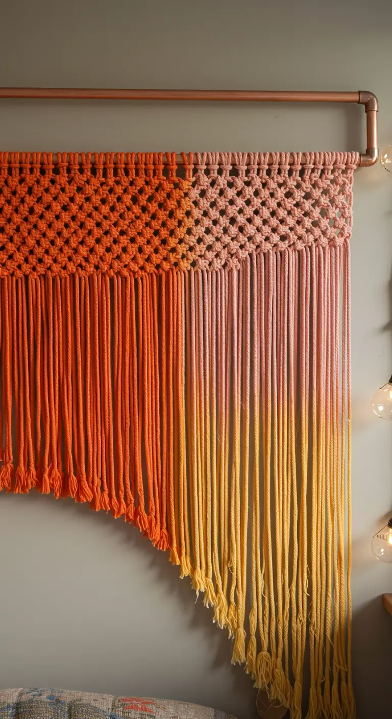 Cabecera de macramé con flecos teñidos en un degradado de naranja a amarillo.