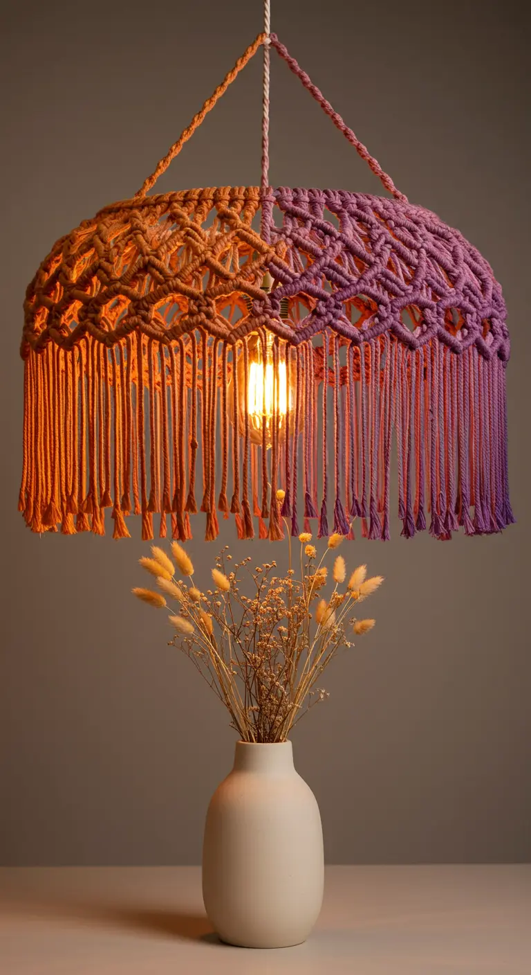 Lámpara de macramé con efecto degradado de naranja a lila y flecos largos.
