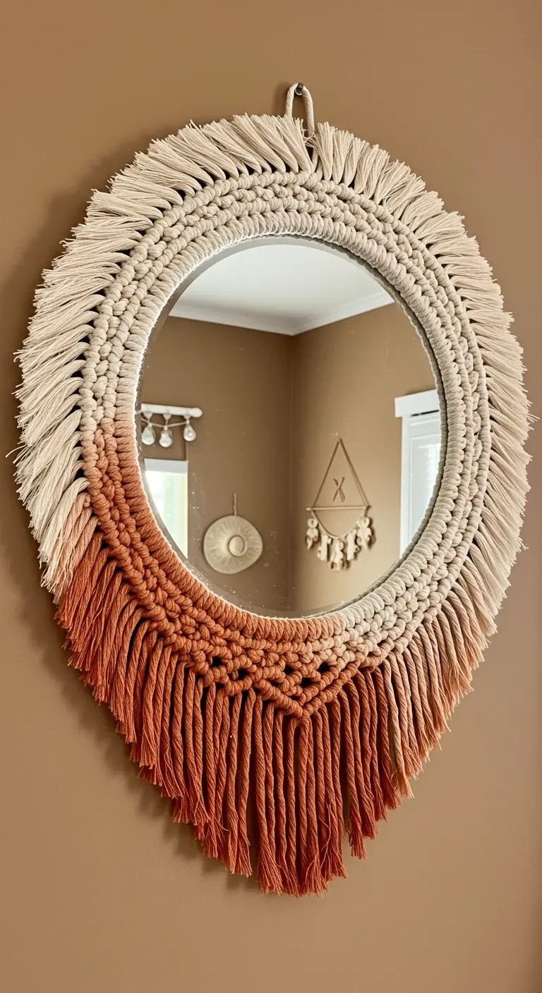Espejo de macramé con flecos teñidos en un degradado de terracota a crudo.