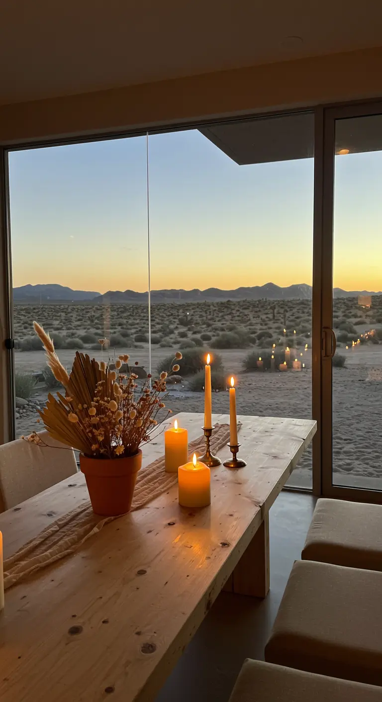 Mesa de madera con vistas al desierto, decorada con velas de cera de abeja y flores secas.