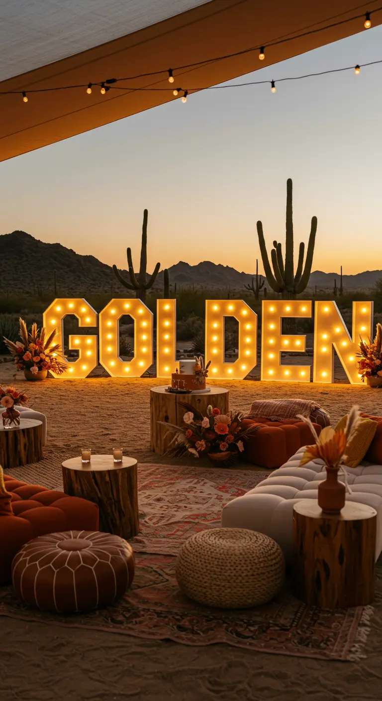 Letras 'GOLDEN' iluminadas en una fiesta en el desierto al atardecer, con una zona chill-out.