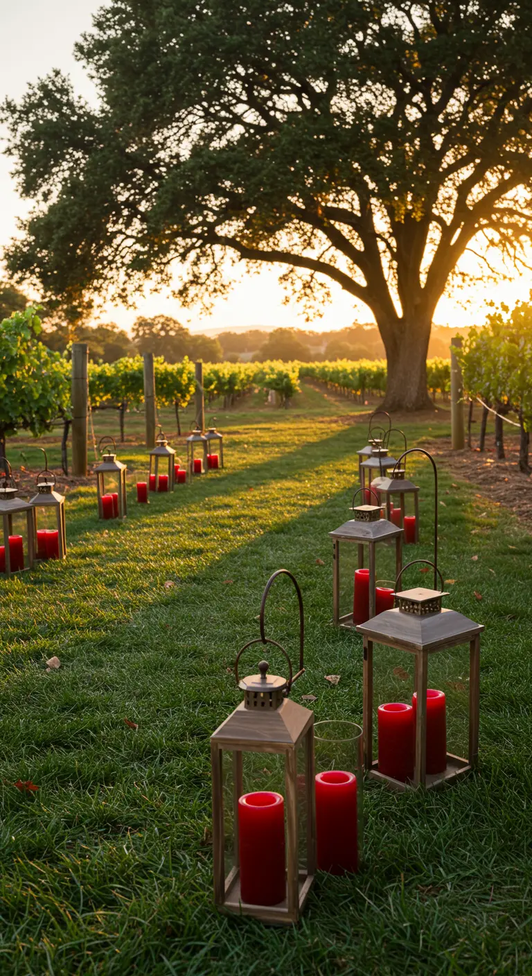 Camino de faroles con velas rojas a través de un viñedo al atardecer.